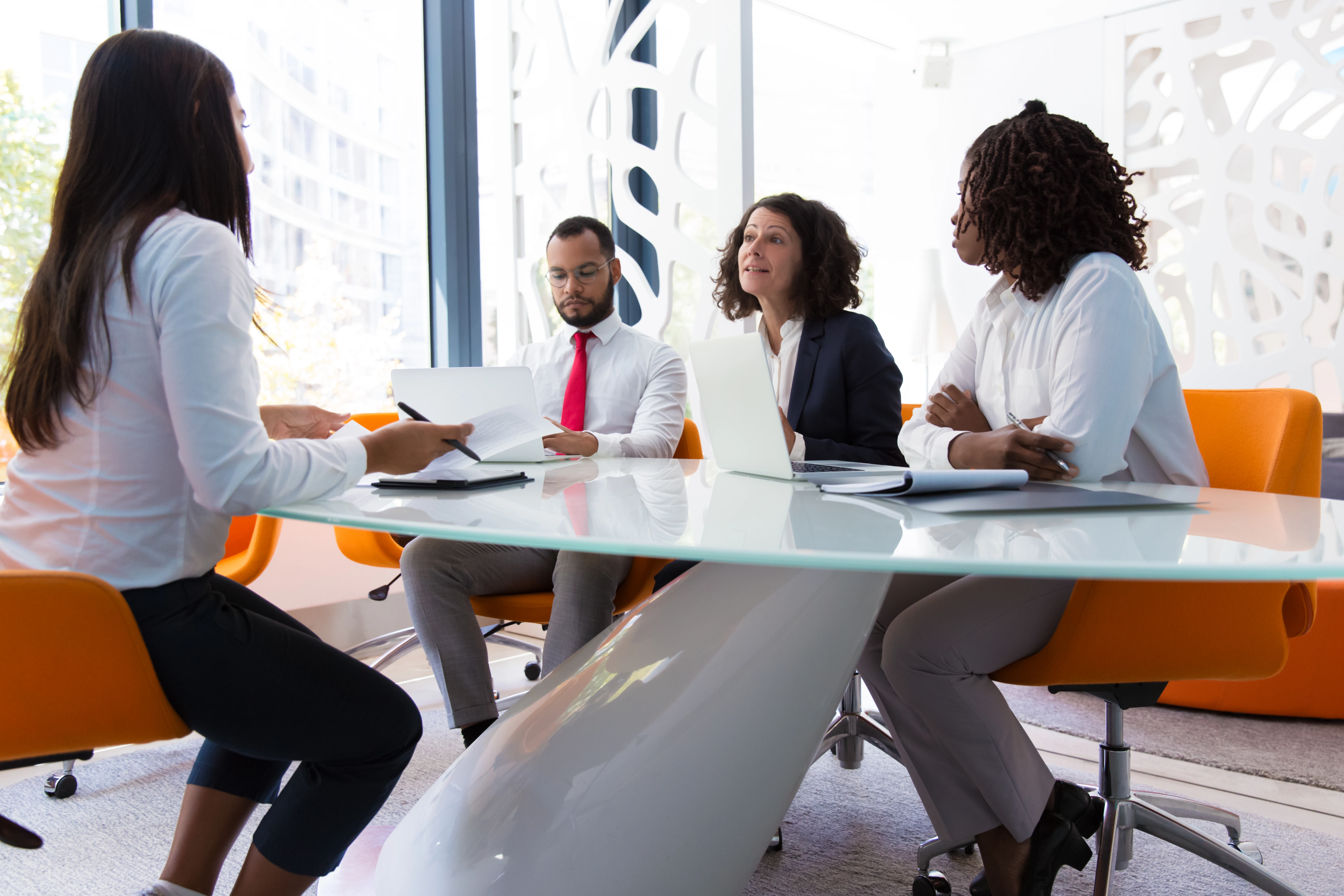 Interview conversation in a bright office